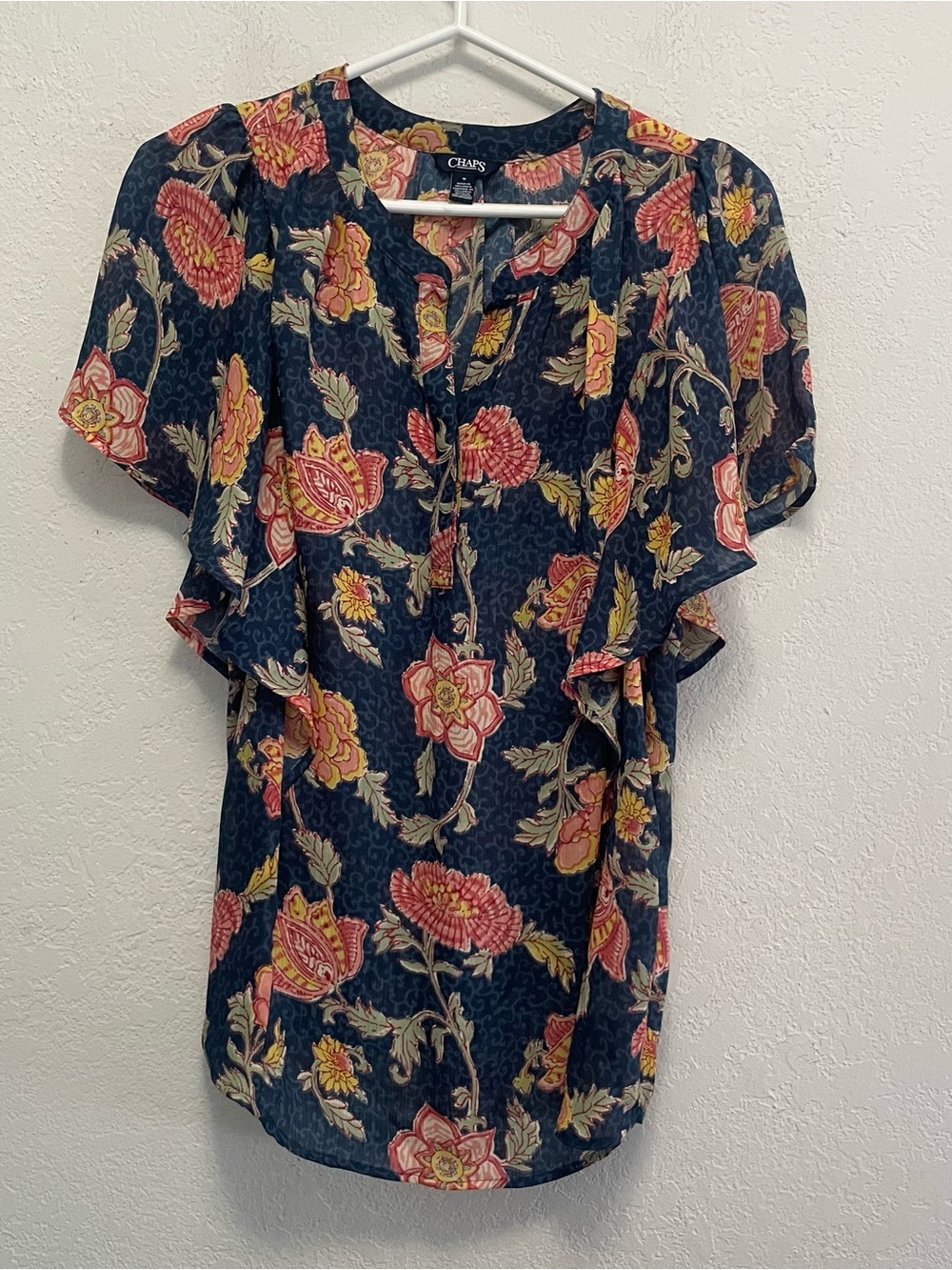 Chaps Size M Top Blue Floral Blouse Bohemian Tunic